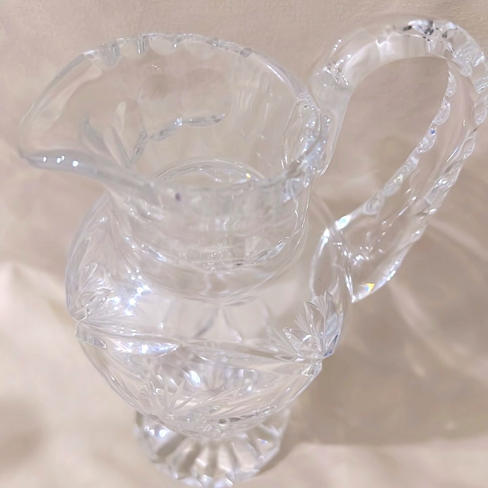 Style American Brilliant Cut Pitcher Hobs Stars and Pin Wheels 7” Tall. A1674.